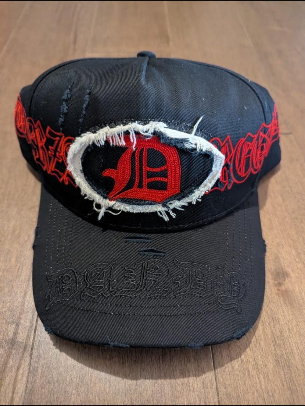 Dandy x Fuerza Regida Limited Collab Snapback Hat Black Red D Logo Distressed